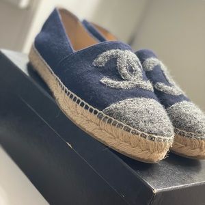 Rare Velvet Tweed Blue And Gray Chanel Espadrilles